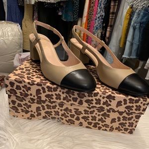 Tan and black slingbacks